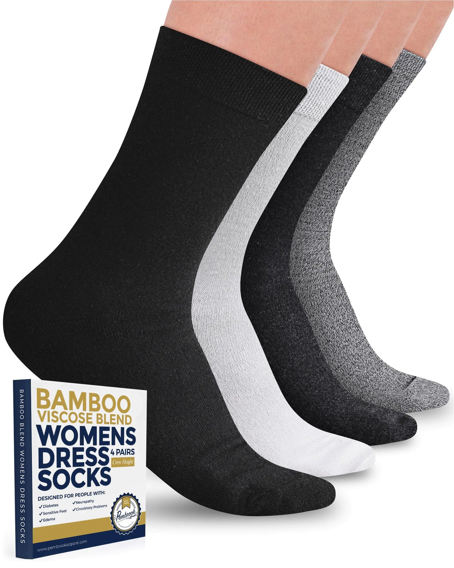 Pembrook Bamboo Viscose Dress Socks Women - 4 Pairs Crew Thin Socks Women | Dress Socks Women | Above Ankle Socks Women | Moisture Wicking Socks Women | Black White Light Grey Grey