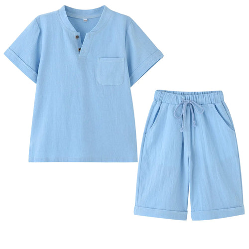 POBIDOBY Boys T-shirt and Shorts Set Cotton Linen Summer Short Sleeve Children Two Pieces Clothing Sets (Blue 10-12)