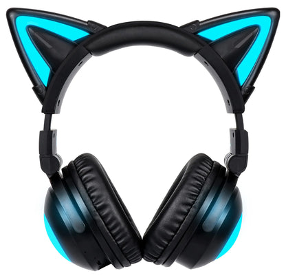 Wireless Cat Ear Headphones (12 Color Changing) with & 3.5mm Jack Gaming Pro Bluetooth&Wired Connection (Blackcolor)