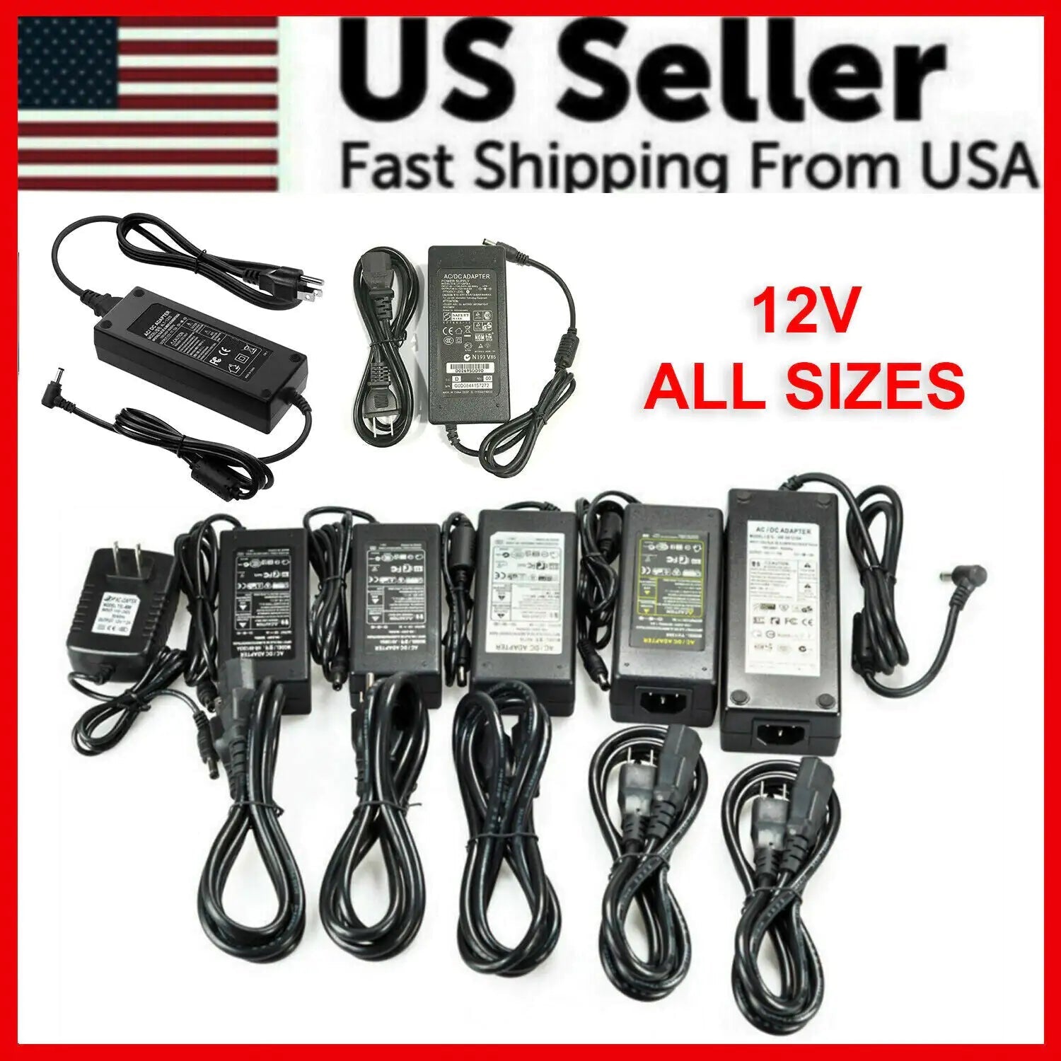 12V Power Supply AC to DC Adapter (1A - 10A) for LED Strip Lights - USA Plug - AZ Depot Express
