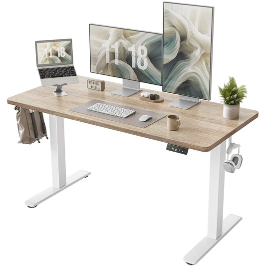 TIQLAB Height Adjustable Electric Standing Desk 55 x 24 inch Sit Stand Up Desk Splice Board Computer Home Office Desk White Frame/Maple Top