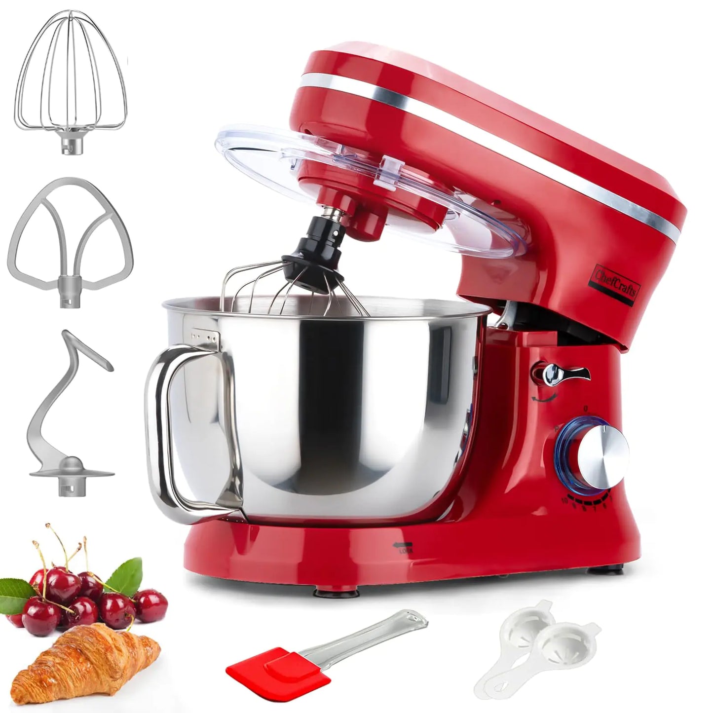 ChefCrafts Stand Mixer 6.5QT Electric Food Mixer10+p Speeds 660W Tilt-Head Dough Mixers Bread Mixer with Dough Hook Whisk Beater Splash Guard for Baking Kneading Mixing Whipping (Red)