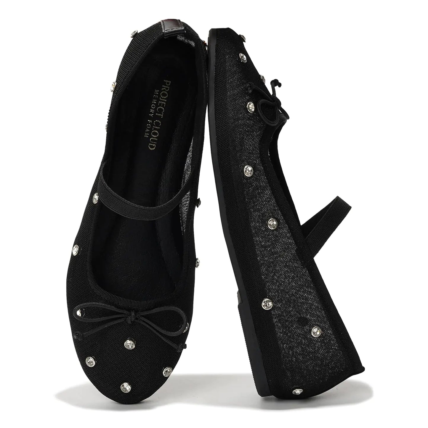 Project Cloud Crystal Mesh Ballet Flats for Women Memory Foam - Mesh Flats Women Footwear & Ballet Shoes for Women - Non-Slip Women Flats - Casual Ballerina Flats for Women (Amity blk 8)