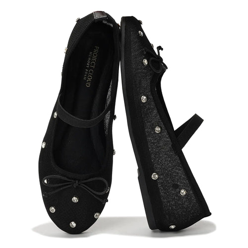 Project Cloud Crystal Mesh Ballet Flats for Women Memory Foam - Mesh Flats Women Footwear & Ballet Shoes for Women - Non-Slip Women Flats - Casual Ballerina Flats for Women (Amity blk 8)