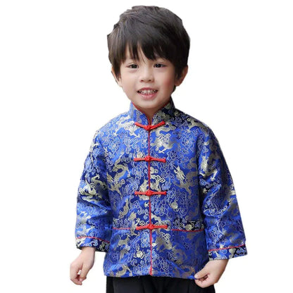 Little Boys Dragon Tang Coat Long Sleeve Chinese Clothing Children Costumes Boy Jackets Outfit Tops (Blue 10)