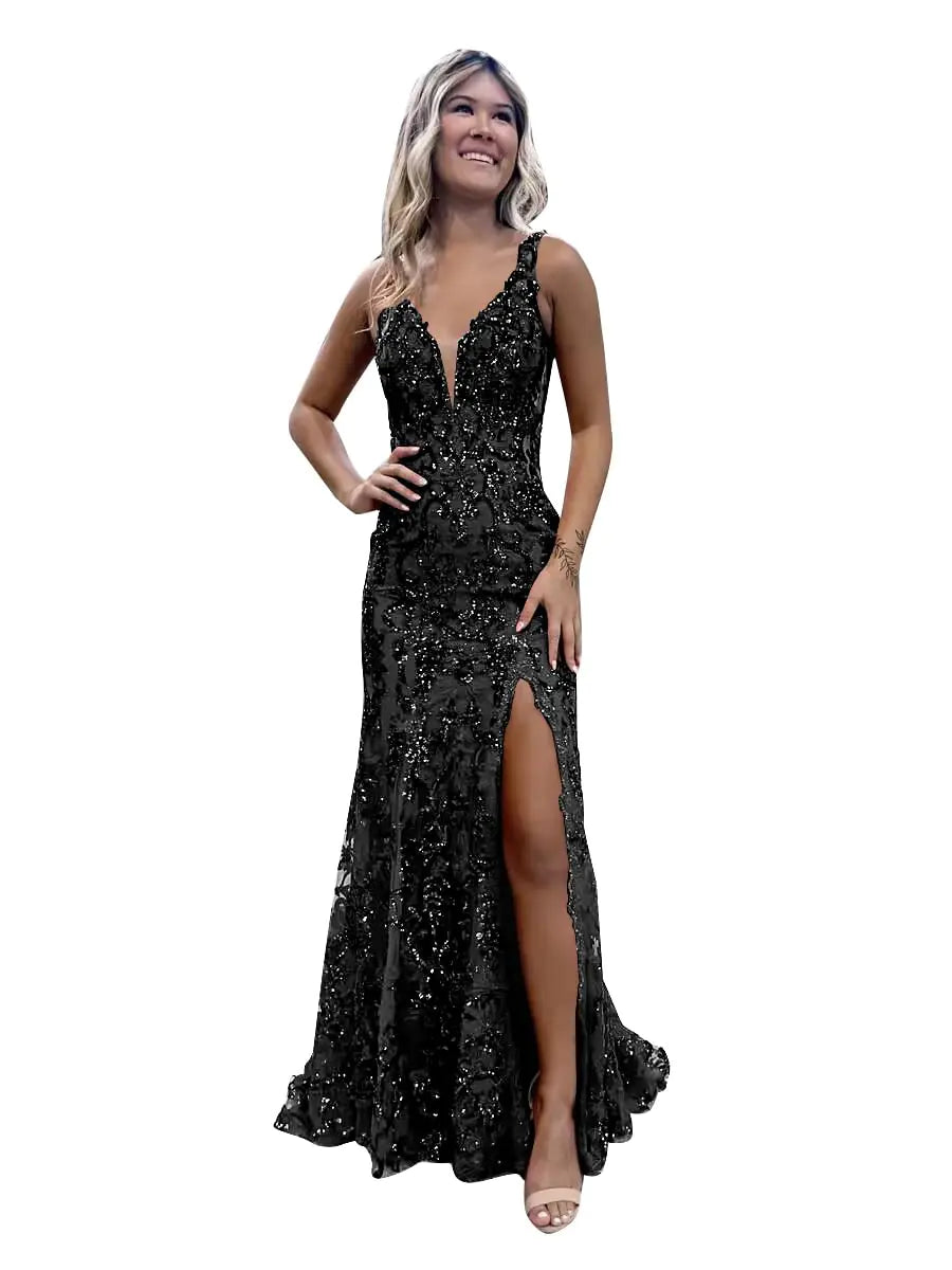 GUKARLEED Black Sequin Prom Dresses for Women Long Ball Gown V Neck Mermaid Formal Gowns with Slit US0