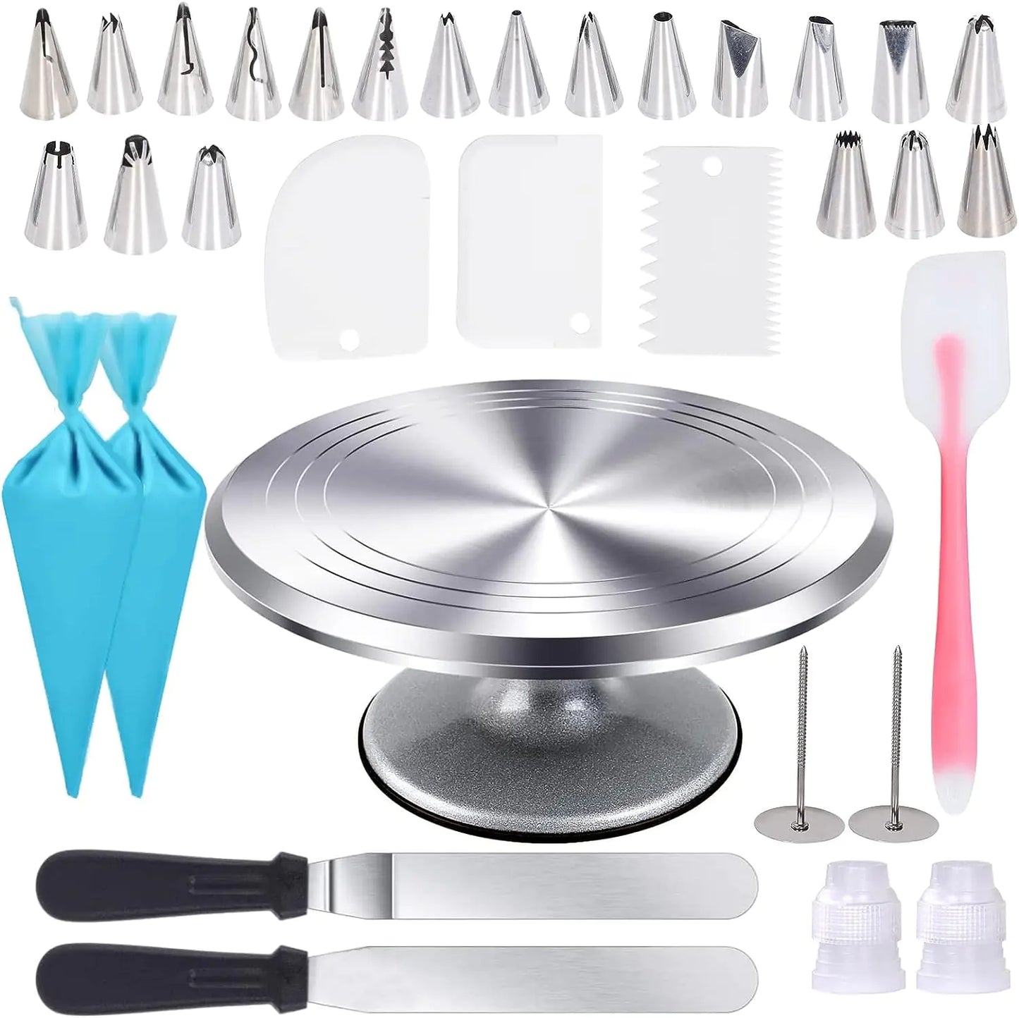 Uten 12 Inch Cake Turntable Cake Decorating Supplies Kit 33 pcs Rotating Aluminium Cake Stand Set Baking Tools with 20 Icing Tips Bags 3 Icing Smoother Straight & Offset Spatula Silicone Spatula