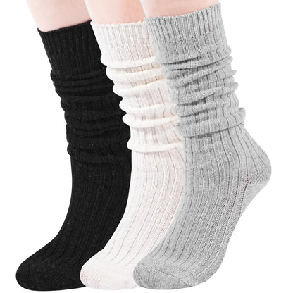 3 Pairs Slouch Socks Women Winter Wool Socks Cable Knit Knee High Boot Socks Scrunch Socks Size 5-11