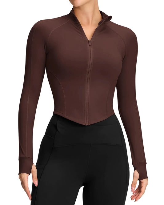 AVGO Zip Up Jackets for Women Long Sleeve Workout Tops Lightweight Crop Jacket Yoga Gym Clothes Slim Fitted(Caramel XL) - AZ Depot Express