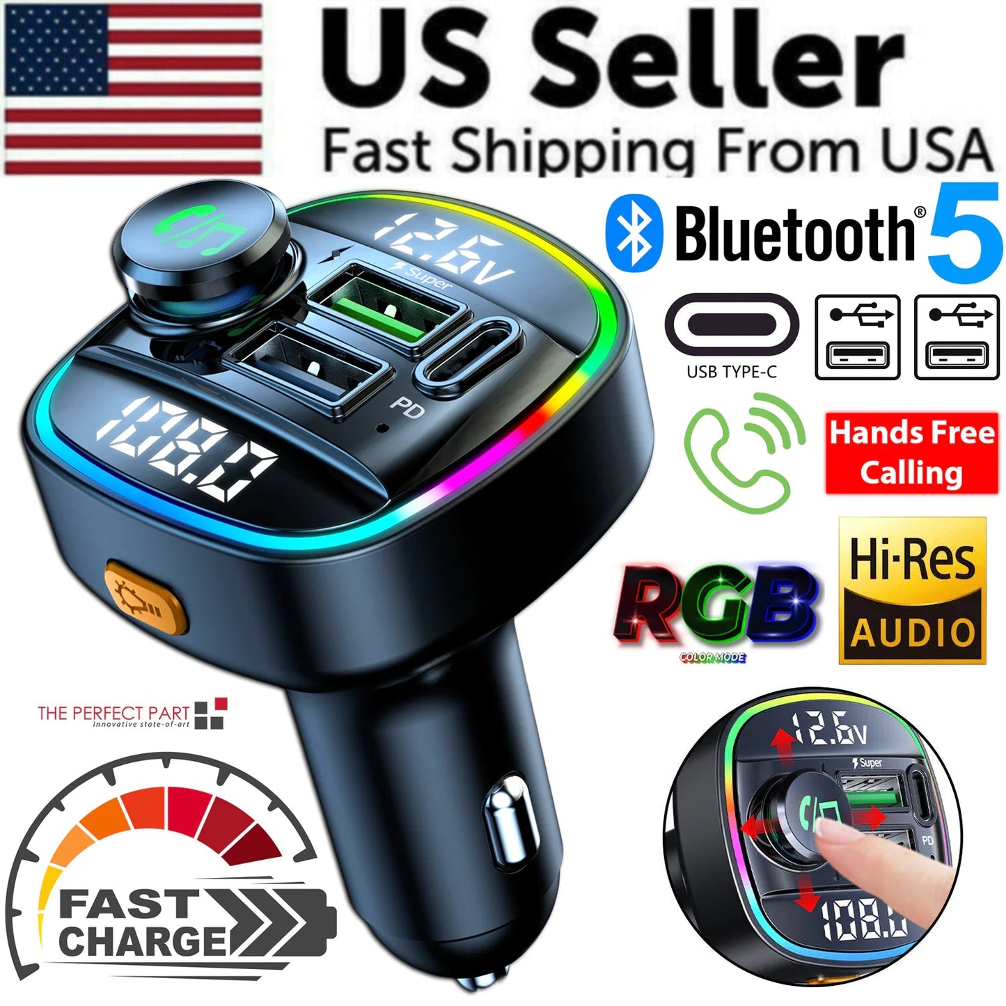 Bluetooth 5.0 Car Wireless FM Transmitter Adapter USB PD Charger AUX Hands - Free - AZ Depot Express