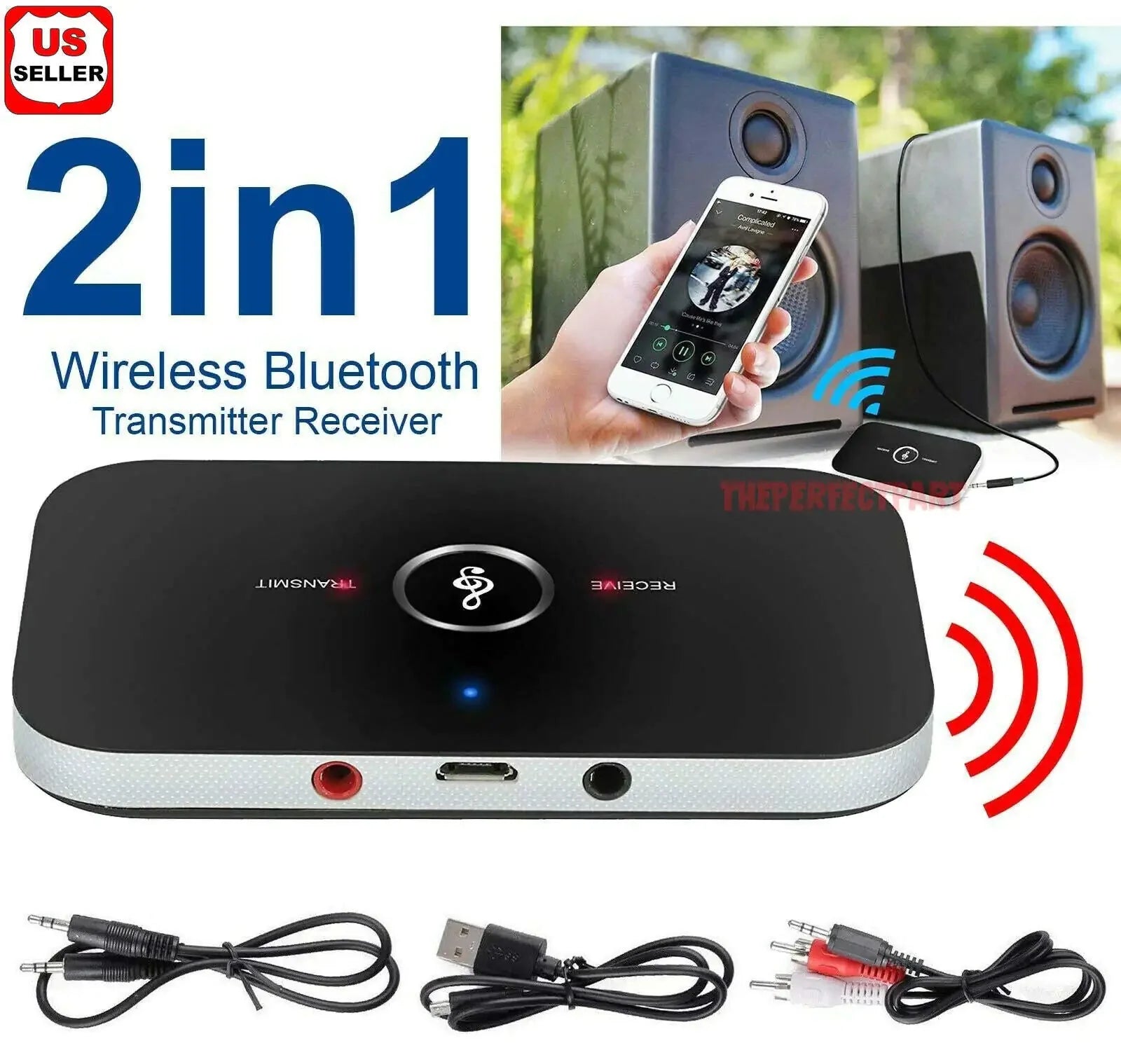 Bluetooth 5.0 Transmitter Receiver 2-in-1 wireless audio adapter with 3.5mm aux jack and charging cable bundle