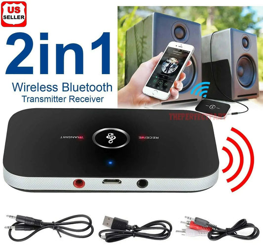 Bluetooth 5.0 Transmitter Receiver 2-in-1 wireless audio adapter with 3.5mm aux jack and charging cable bundle