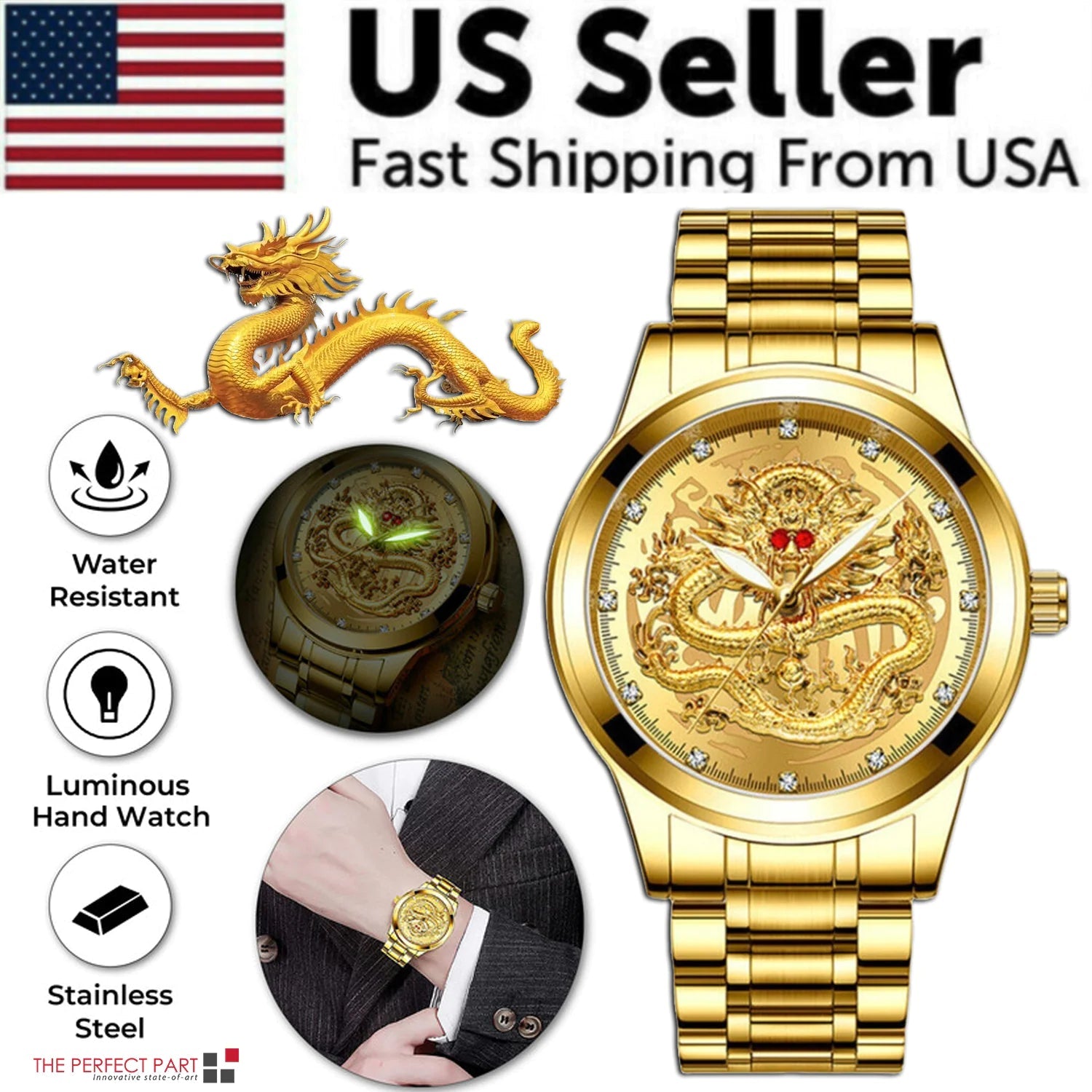 Business Gift Waterproof Gold Men's Diamond Quartz Watch Classic Stainless Steel - AZ Depot Express