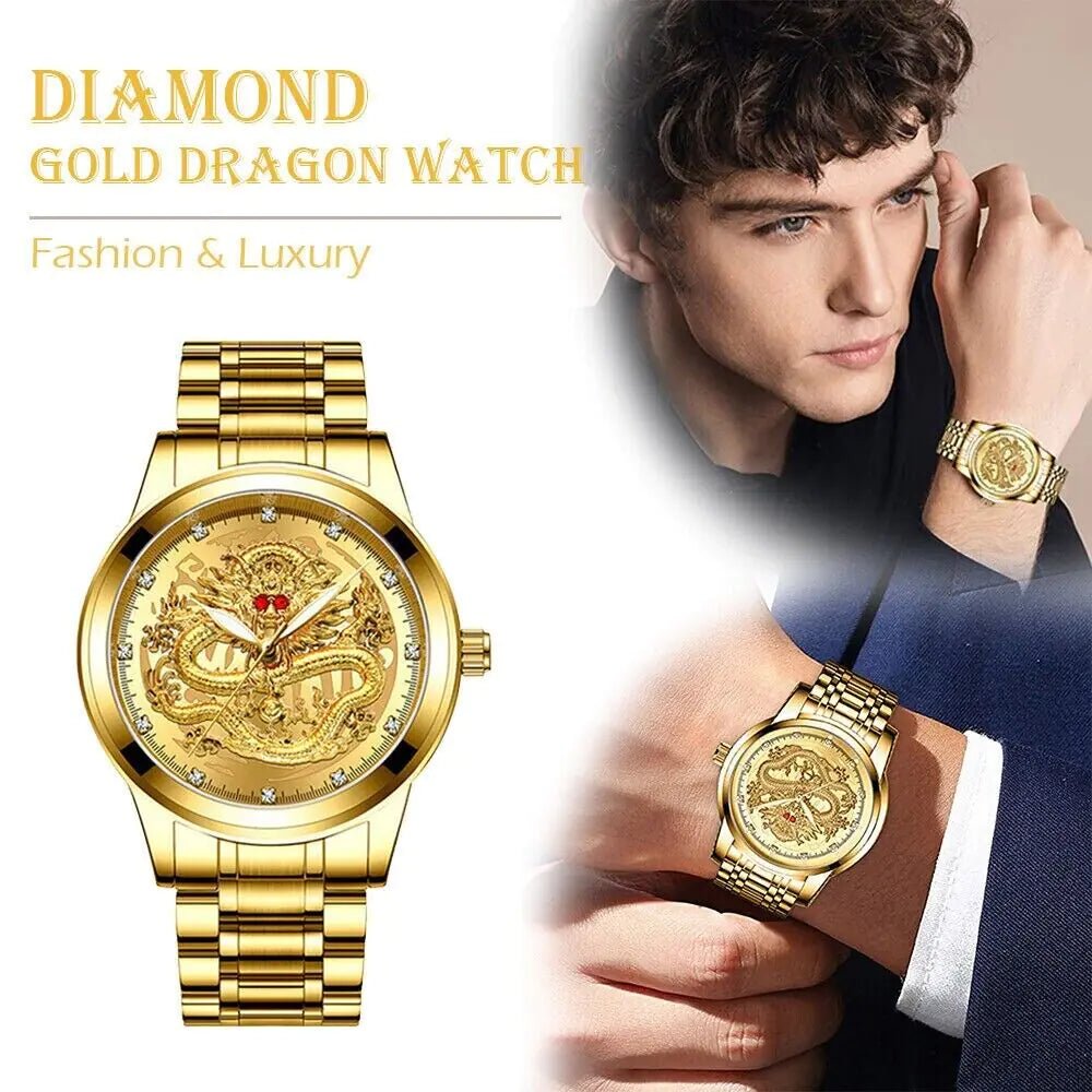 Business Gift Waterproof Gold Men's Diamond Quartz Watch Classic Stainless Steel - AZ Depot Express