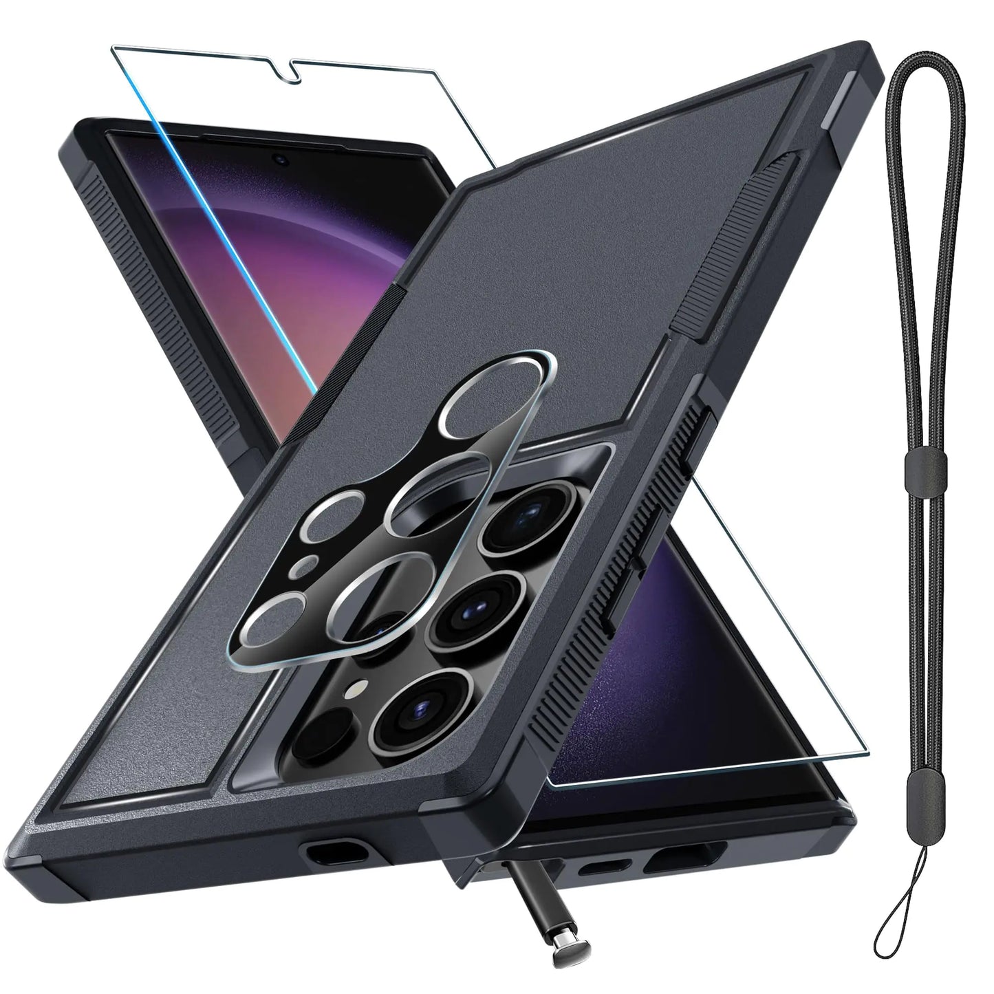 RMOCR Case for Samsung Galaxy S25 Ultra, Full Body Heavy Duty Rugged Shockproof Protective Phone Cover with Lanyard Strap, Tempered Glass Screen Protector and Camera Lens Cover, Black Matte