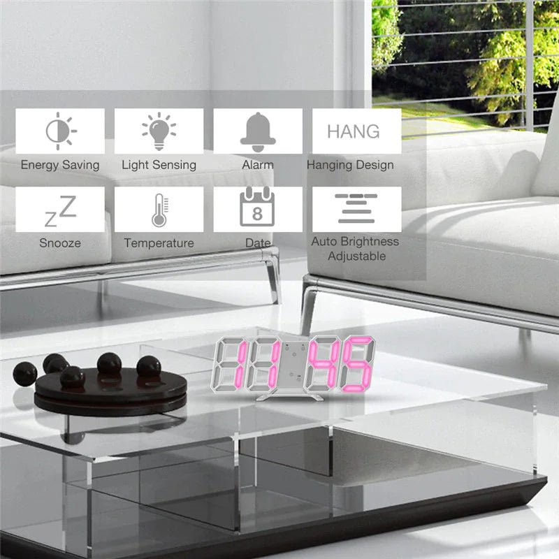 Digital 3D LED Big Wall Desk Alarm Clock Snooze 12/24 Hours Auto Brightness USB - AZ Depot Express