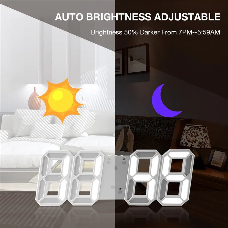 Digital 3D LED Big Wall Desk Alarm Clock Snooze 12/24 Hours Auto Brightness USB - AZ Depot Express