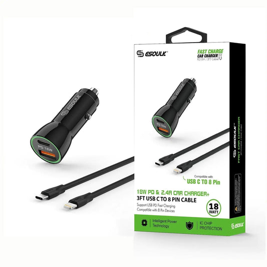 Esoulk Black 18W PD Charger &amp; USB - A 3ft C To iPhone Cable - AZ Depot Express