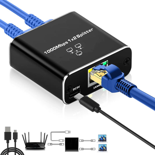 Ethernet Splitter Gigabit Network Port Splitter 1 in 2 Out 1 Female to 2 Female High Speed LAN Internet Adapter with USB C Charging Cable Plug and Play for Cat5 Cat5e Cat6 Cat7 Cat8 RJ45 Cord - AZ Depot Express