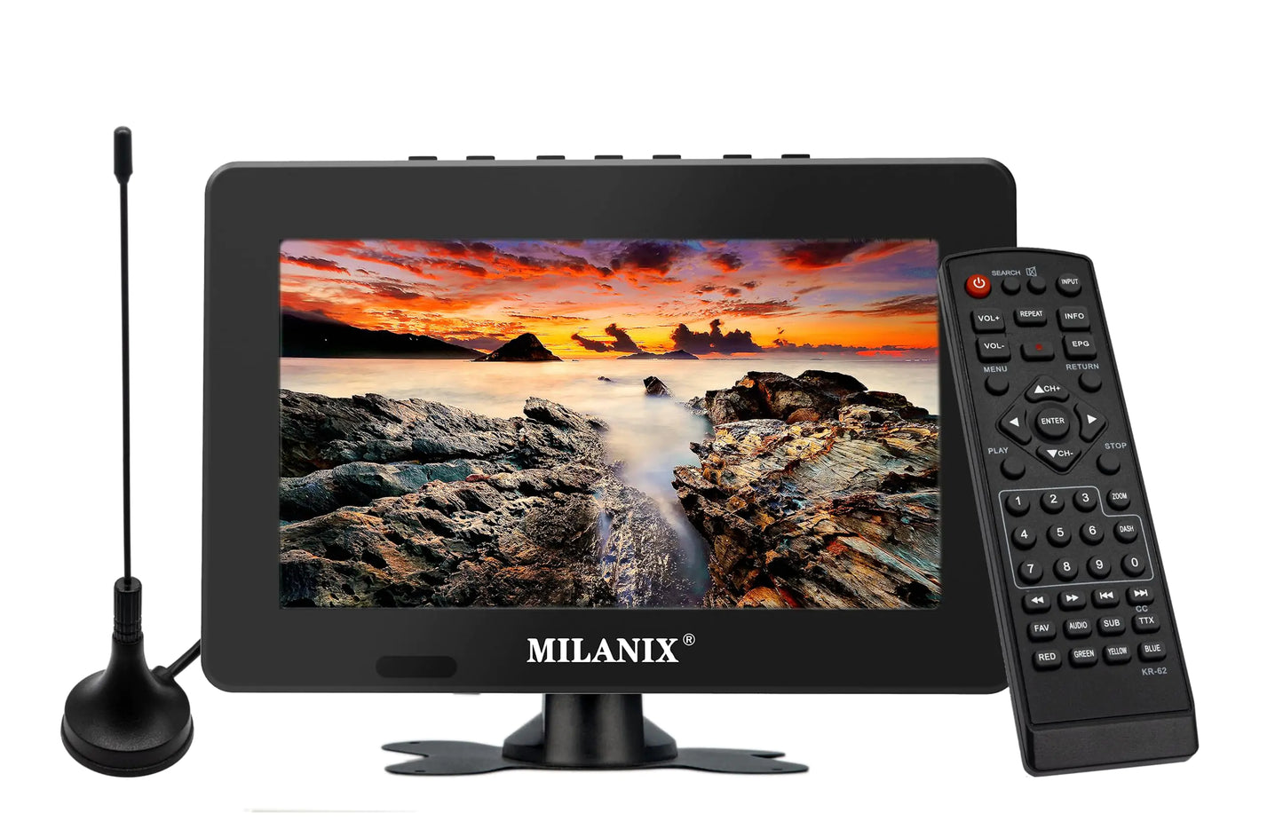 Milanix 7" Portable TV LCD Monitor Rechargeable Battery Operated with Antenna AC/DC Stand USB AV Input Built in Digital Tuner and Remote Control Small for Car Travel Camping Kids