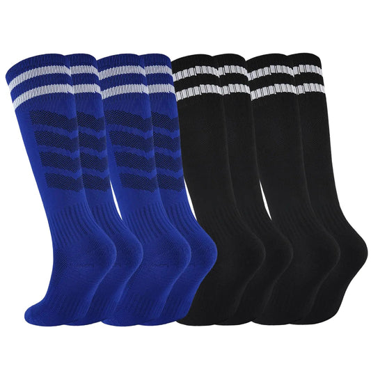 hakugoo Kids Soccer Socks Boys Girls Football Socks 4 Pairs Cushioned Athletic Socks 5 - 7 Years Youth Baseball Socks Striped Knee High Socks (Black+BlueS) - AZ Depot Express