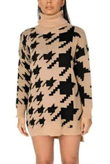 Houndstooth Check Roll Neck Jumper Dress - AZ Depot Express