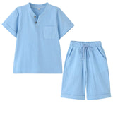 POBIDOBY Boys T-shirt and Shorts Set Cotton Linen Summer Short Sleeve Children Two Pieces Clothing Sets (Blue 10 - 12) - AZ Depot Express