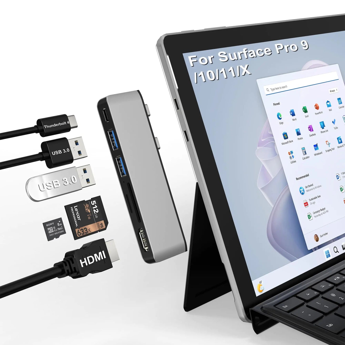 Surface Pro 11 USB Hub Surface Pro 9 USB Hub Docking Station with 4K HDMI USB - C Thunderbolt 4(8K Video+Data+100W PD) USB 3.0 * 2 SD TF Card Slot USB C Hub for Surface Pro 11/Pro 10/Pro 9/Pro X - AZ Depot Express