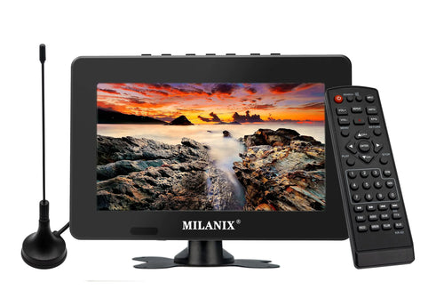 Milanix 7" Portable TV LCD Monitor Rechargeable Battery Operated with Antenna AC/DC Stand USB AV Input Built in Digital Tuner and Remote Control Small for Car Travel Camping Kids
