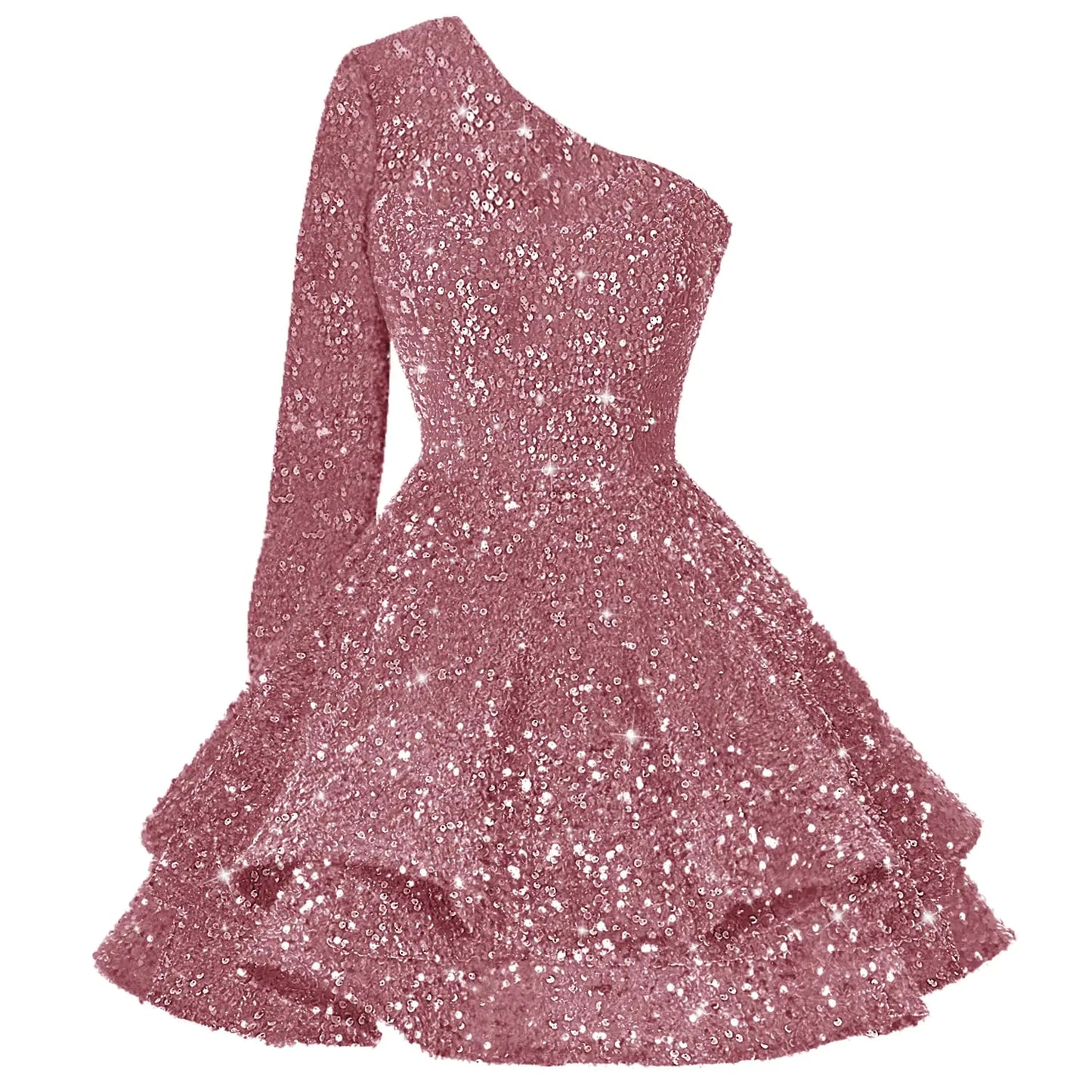 RSOETOO Sparkly Homecoming Dress with Sleeves 2025 Short Prom Dresses for Juniors One Shoulder Tiered Sequin Dresses 2025 Dusty Rose 24
