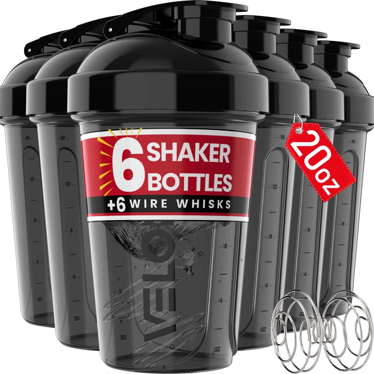 VELOMIX - 6 PACK - 20 OZ Protein Shaker Bottles for Protein Mixes Shaker Cups for Protein Shakes Small Shaker Bottle Pack Shaker Cup Shakers for protein Shakes (20 OZ - 6 PACK BLACK) - AZ Depot Express