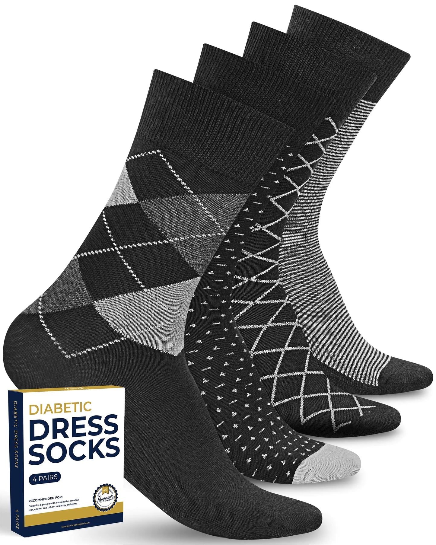 Pembrook Diabetic Dress Socks for Men - 4 Pairs Odor Free Thin Diabetic Socks for Men Work | Thin Socks Men