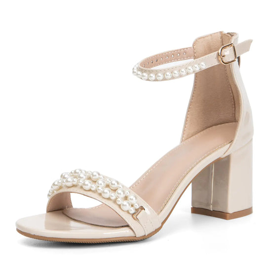 WOJWSKI Womens Heels Sandals for Women Open Toe Fashion Pearls Platform Heeled Sandals Ankle Strap Block Chunky Low Heel Pump Sandals Party Wedding Dress Shoes(40Nude-M9)